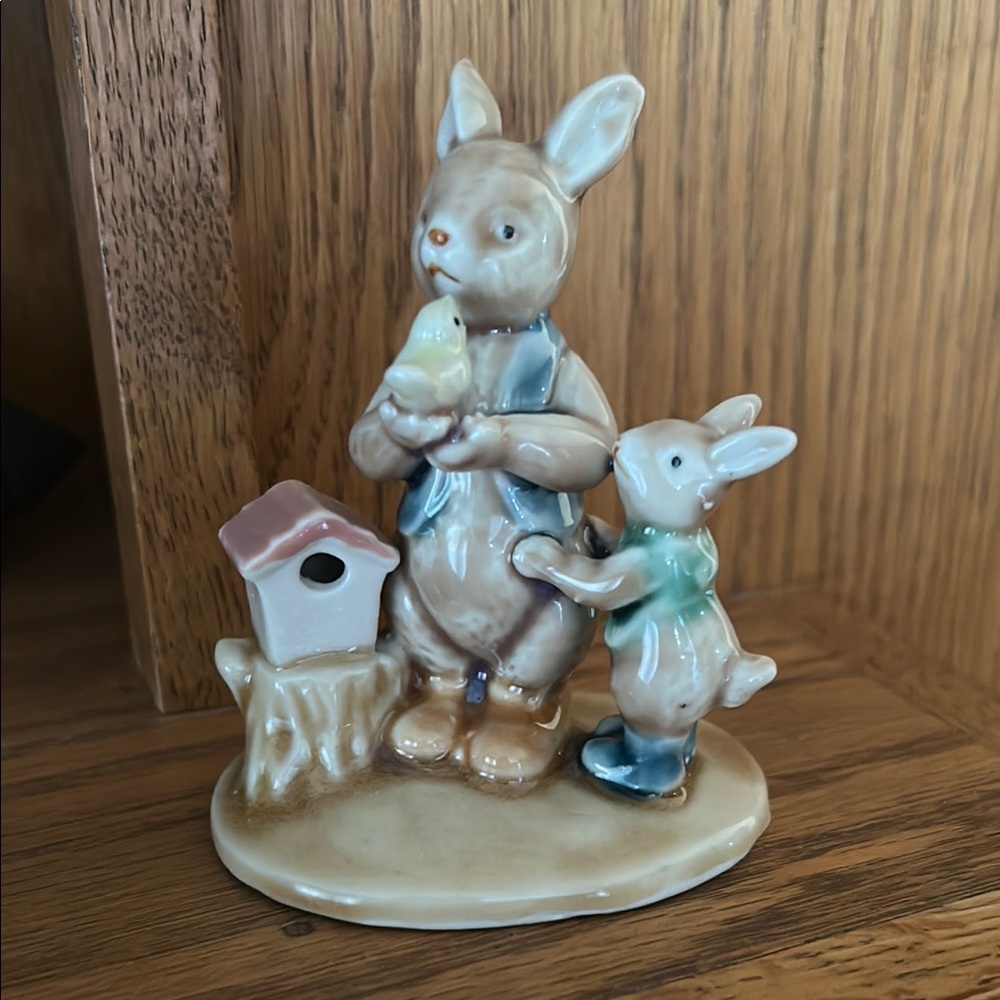 Charming Blue and Brown Ceramic Rabbit Figurine